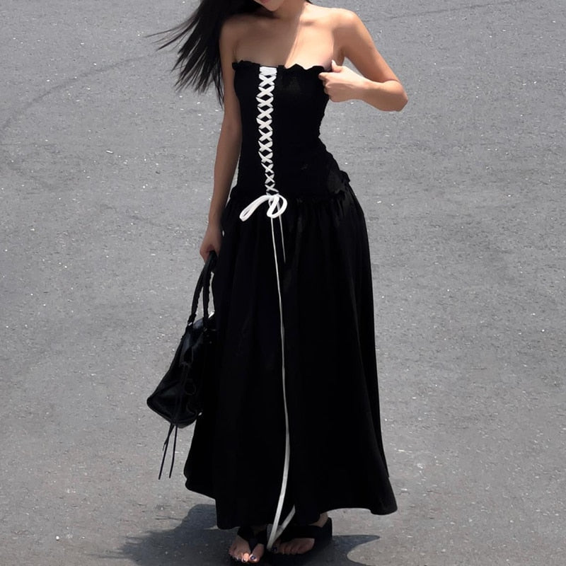 Black Tube Ruched Lace Up Maxi Dress - Free From Label