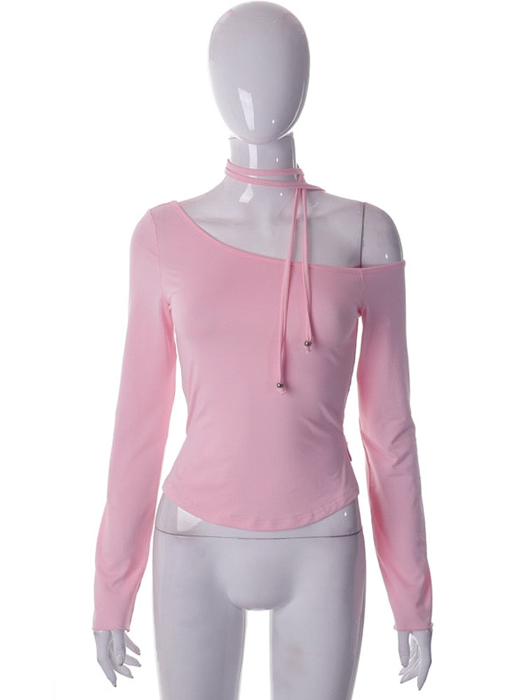 Pink Long Sleeve Charming Strap Tie Around Top