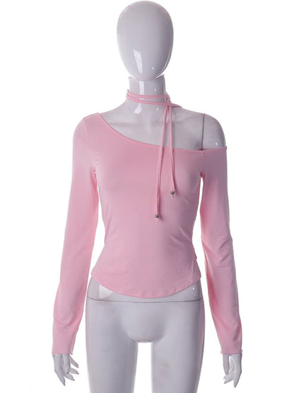 Pink Long Sleeve Charming Strap Tie Around Top