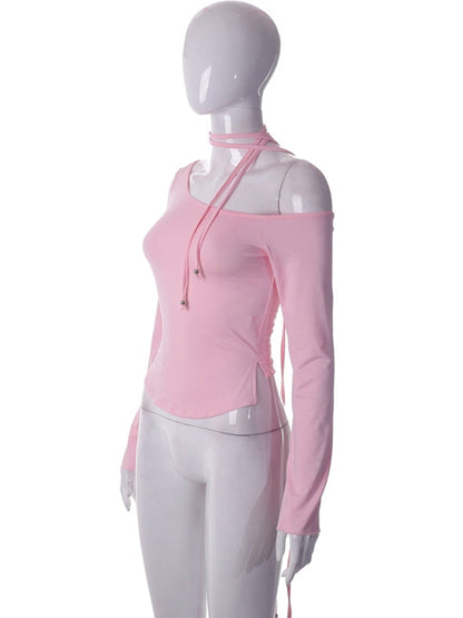 Pink Long Sleeve Charming Strap Tie Around Top