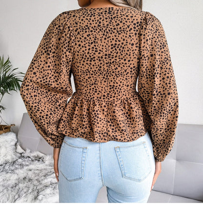 BerriesJam - Casual Lantern Sleeve Leopard Print Chiffon Blouse