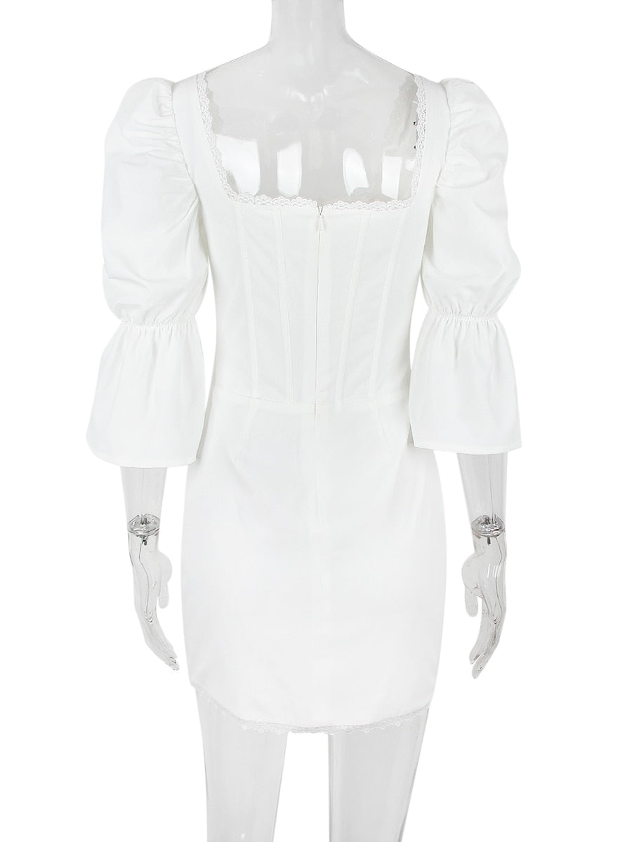 White Puff Sleeve Charming Hook Mini Dress