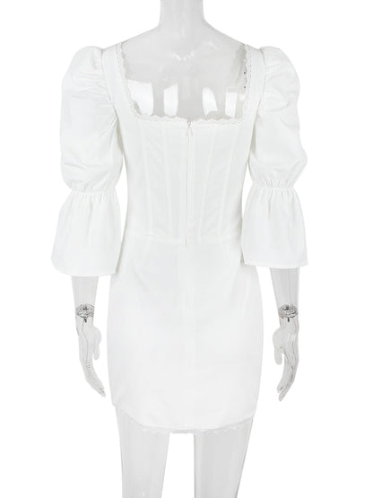 White Puff Sleeve Charming Hook Mini Dress