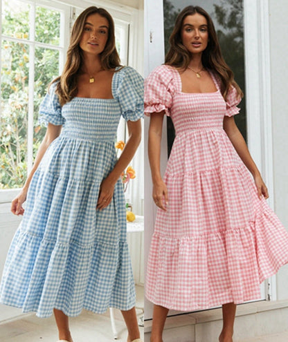 Plaid Puff Stylish Sleeve Midi Dress