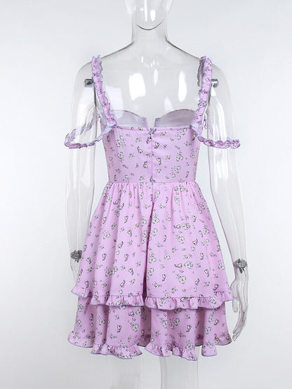 Purple Floral Stylish Frill Summer Dress