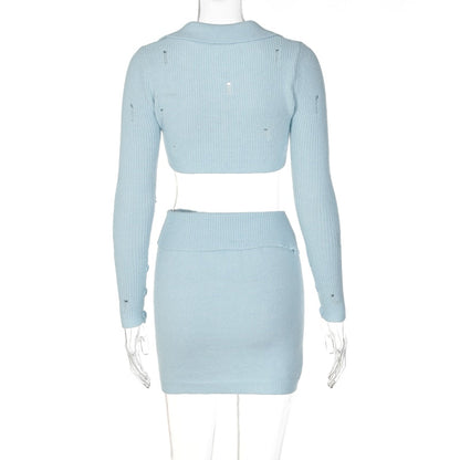 Blue Ribbed Buttoned Long Sleeve Trendy Crop Top And Mini Skirt Set