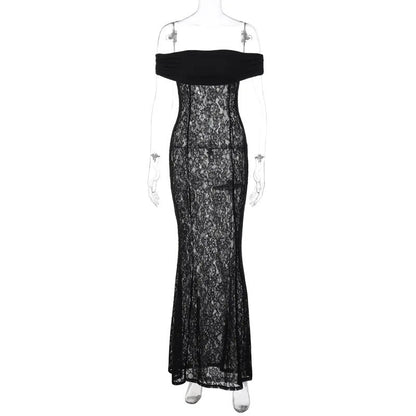 Black Sheer Lace Charming Off Shoulder Maxi Dress