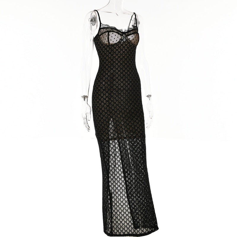 Black Polka Dot Lace Graceful Sheer Cupped Maxi Dress