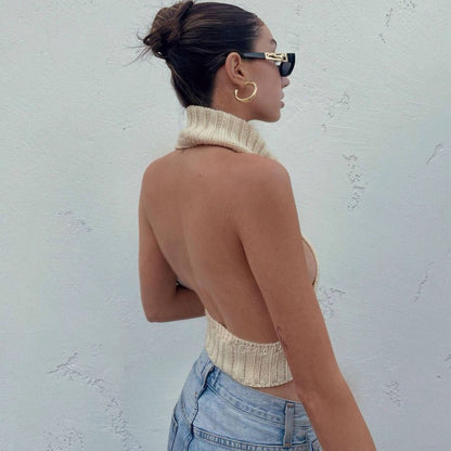 Knitted Turtleneck Stylish Backless Crop Top