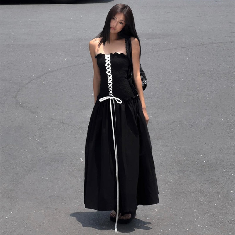 Black Tube Ruched Charming Lace Up Maxi Dress