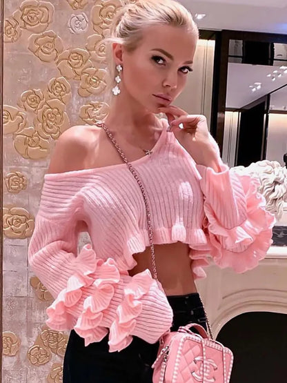 Pink Ruffles Stylish Knit Crop Top