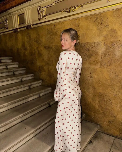 White Satin Red Flower Graceful Print Long Sleeve Maxi Dress