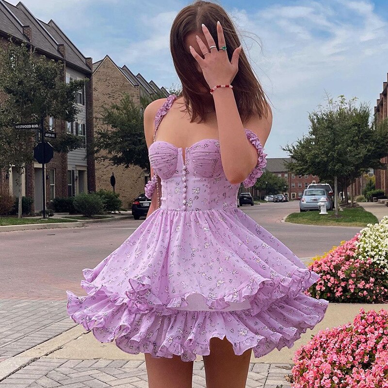 Purple Floral Stylish Frill Summer Dress