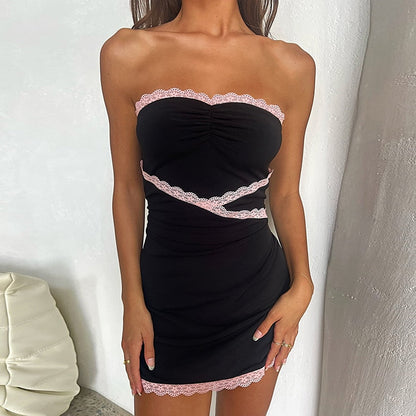 Pink Lace Trim Charming Black Tube Mini Dress