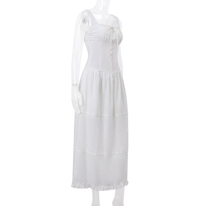 White Square Neck Charming Sheer Buttoned Midi Dress