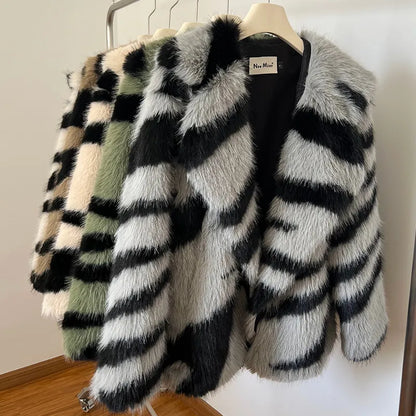 Zebra Striped Stylish Faux Fur Coat