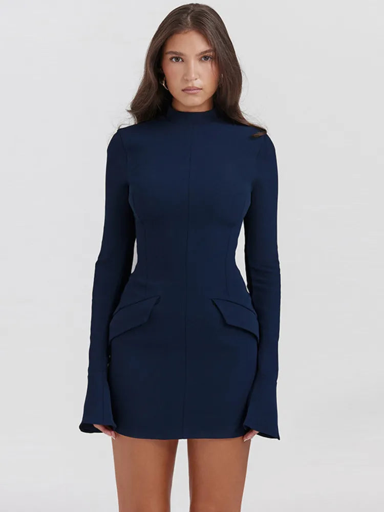 Dark Blue Long Charming Sleeve Bodycon Mini Dress