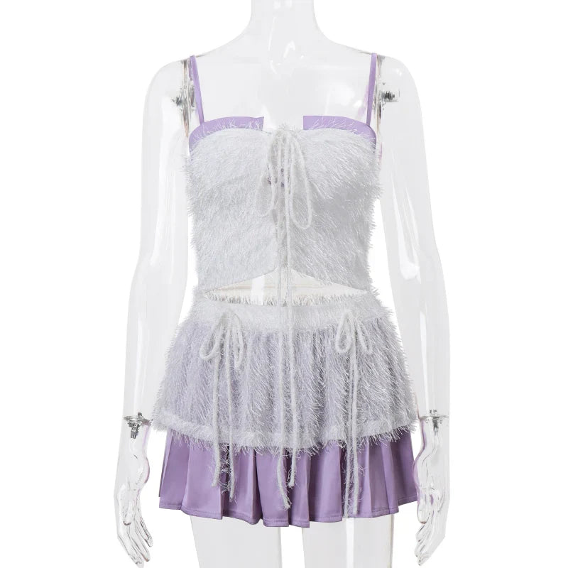 White Fur Purple Patchwork Crop Trendy Top And Mini Skirt Set