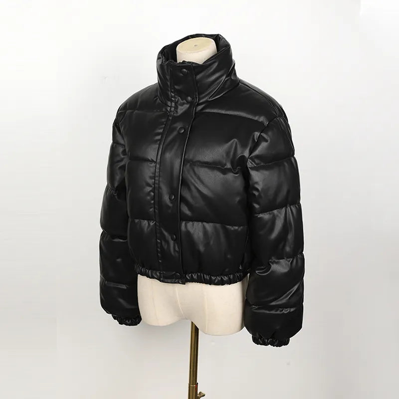 Faux Leather Stylish Puffer Short Jacket