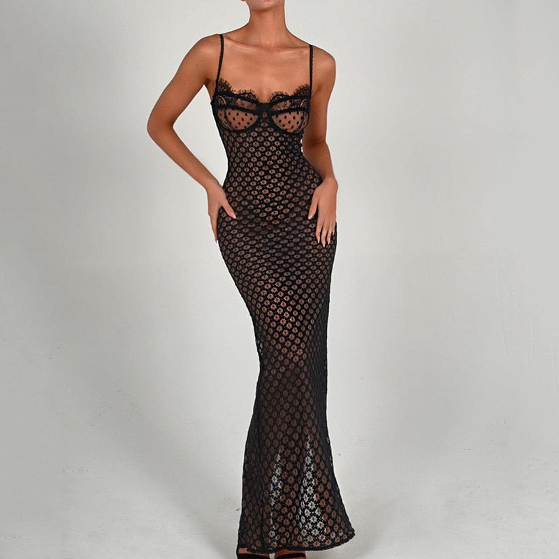 Black Polka Dot Lace Graceful Sheer Cupped Maxi Dress