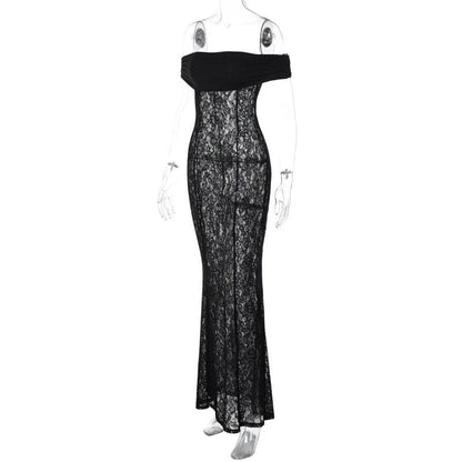 Black Sheer Lace Charming Off Shoulder Maxi Dress