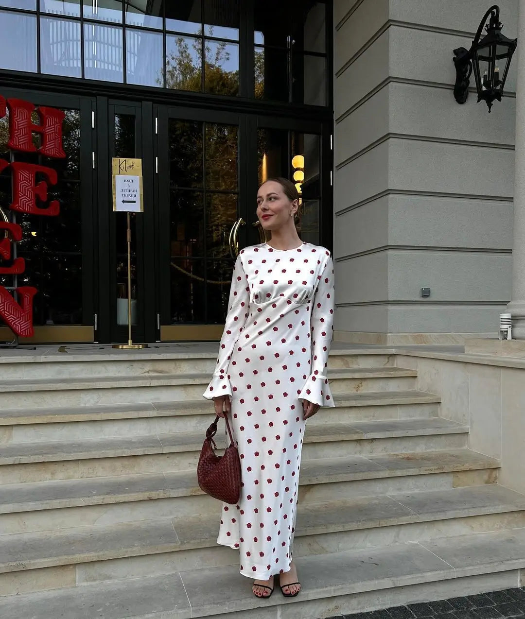 White Satin Red Flower Graceful Print Long Sleeve Maxi Dress