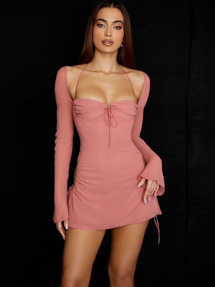 Long Sleeve Mesh Tie Graceful Up Hollow Drawstring Mini Dress