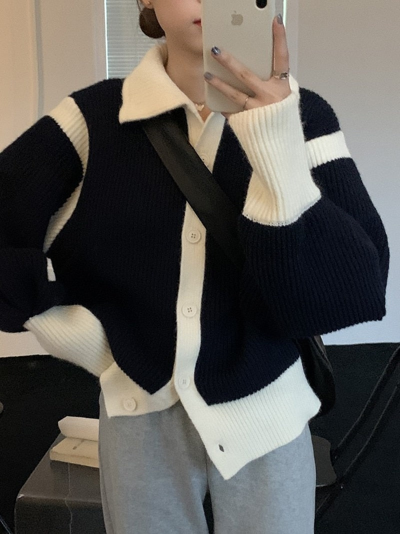 Contrast Turtleneck Stylish Buttoned Cardigan