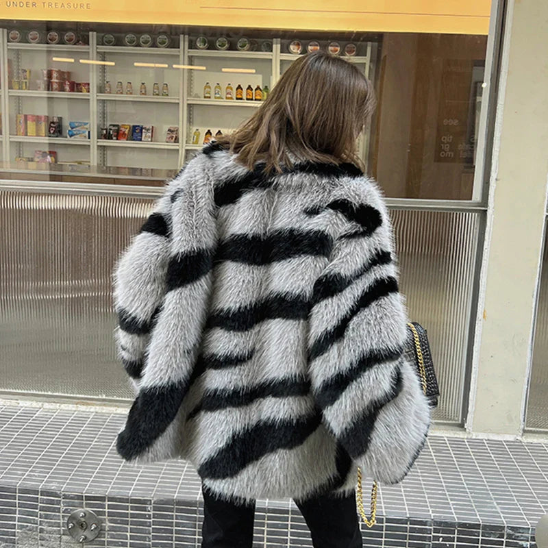 Zebra Striped Stylish Faux Fur Coat