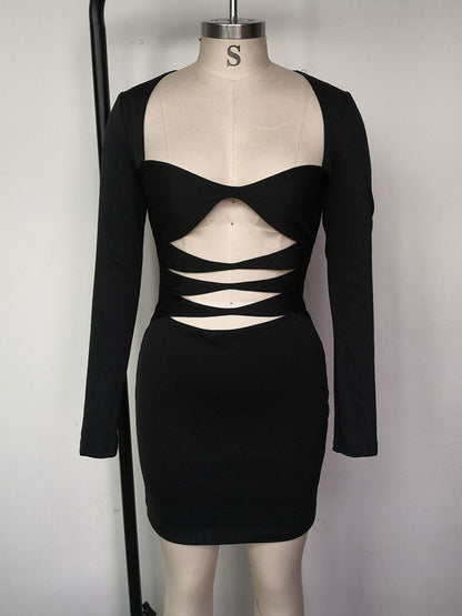 Black Long Sleeve Cut Graceful Out Design Mini Dress