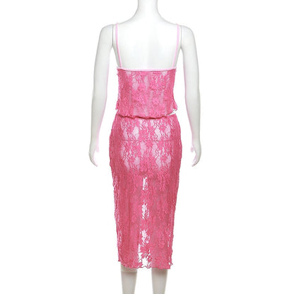 Pink Lace Sheer Cami Graceful Top And Midi Skirt Set