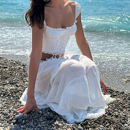 White Lace Tie-Up Top Graceful And Maxi Skirt Set