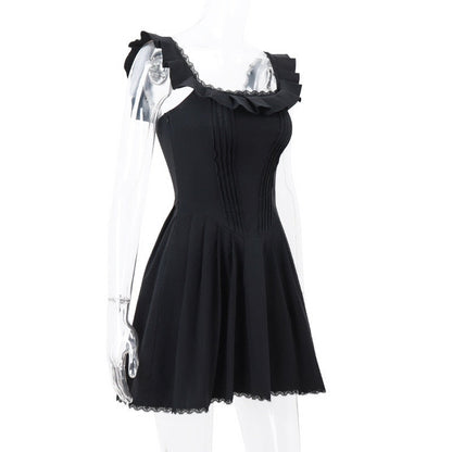 Black Corset Square Neck Graceful Frill Strap Mini Dress