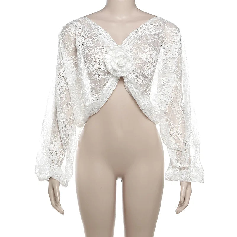 White Sheer Lace Knot Graceful Long Sleeve Crop Blouse