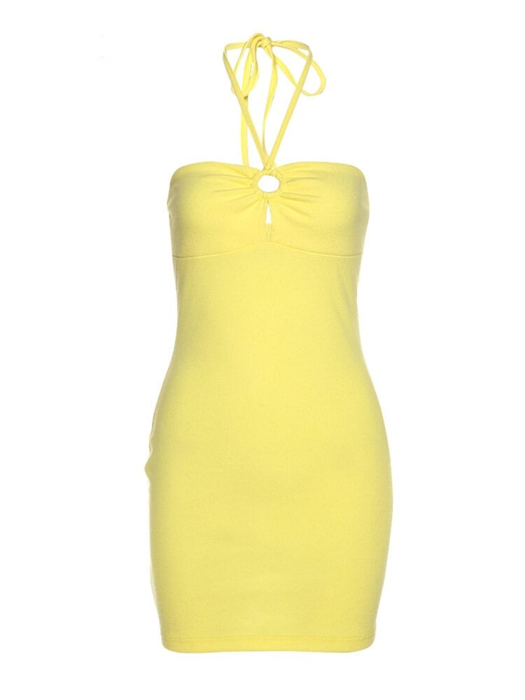 Yellow Halter Stylish String Mini Dress