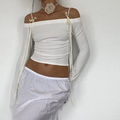 White Off-Shoulder Bow Charming Lace Up Top