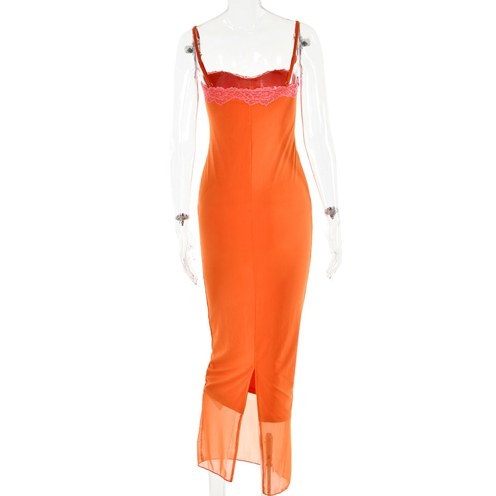 Orange Mesh Lace Charming Patchwork Cami Maxi Dress