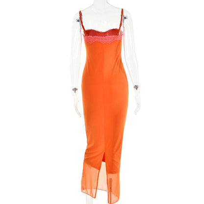 Orange Mesh Lace Charming Patchwork Cami Maxi Dress