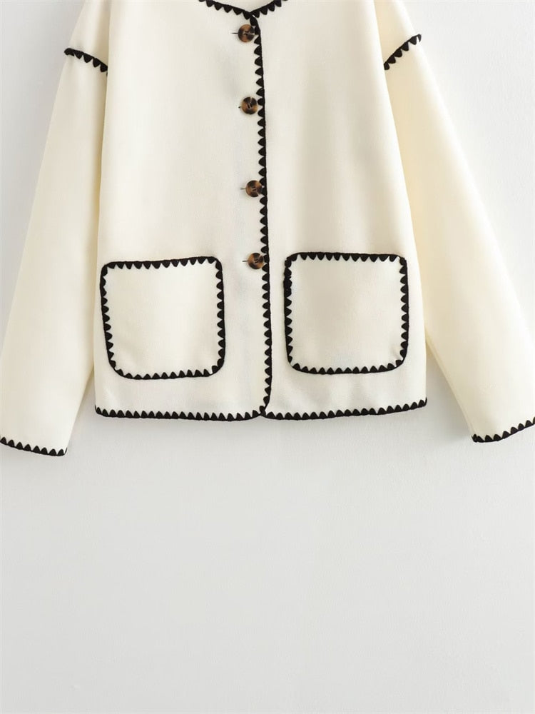 White Black Contrast Charming Seam Buttoned Coat Jacket