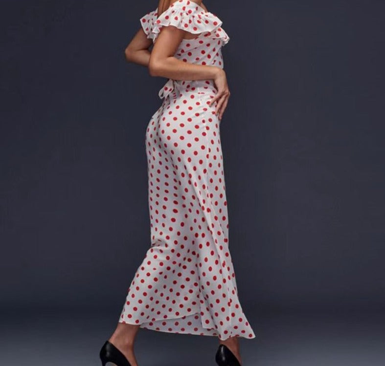 Red Polka Dot Charming Off Shoulder Maxi Dress