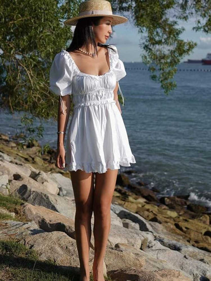 White Ruched Puffed Charming Sleeve Mini Dress