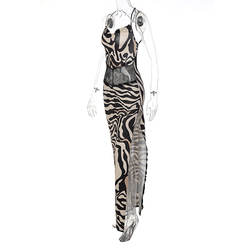 Zebra Print Mesh Cut Graceful Out Slit Maxi Dress