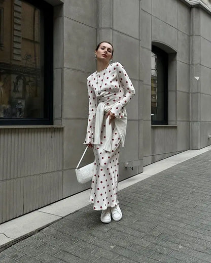 White Satin Red Flower Graceful Print Long Sleeve Maxi Dress