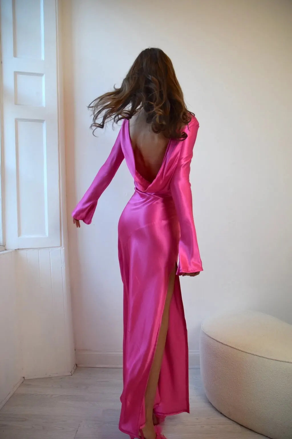 Long Sleeve Backless Charming Slit Satin Maxi Dress