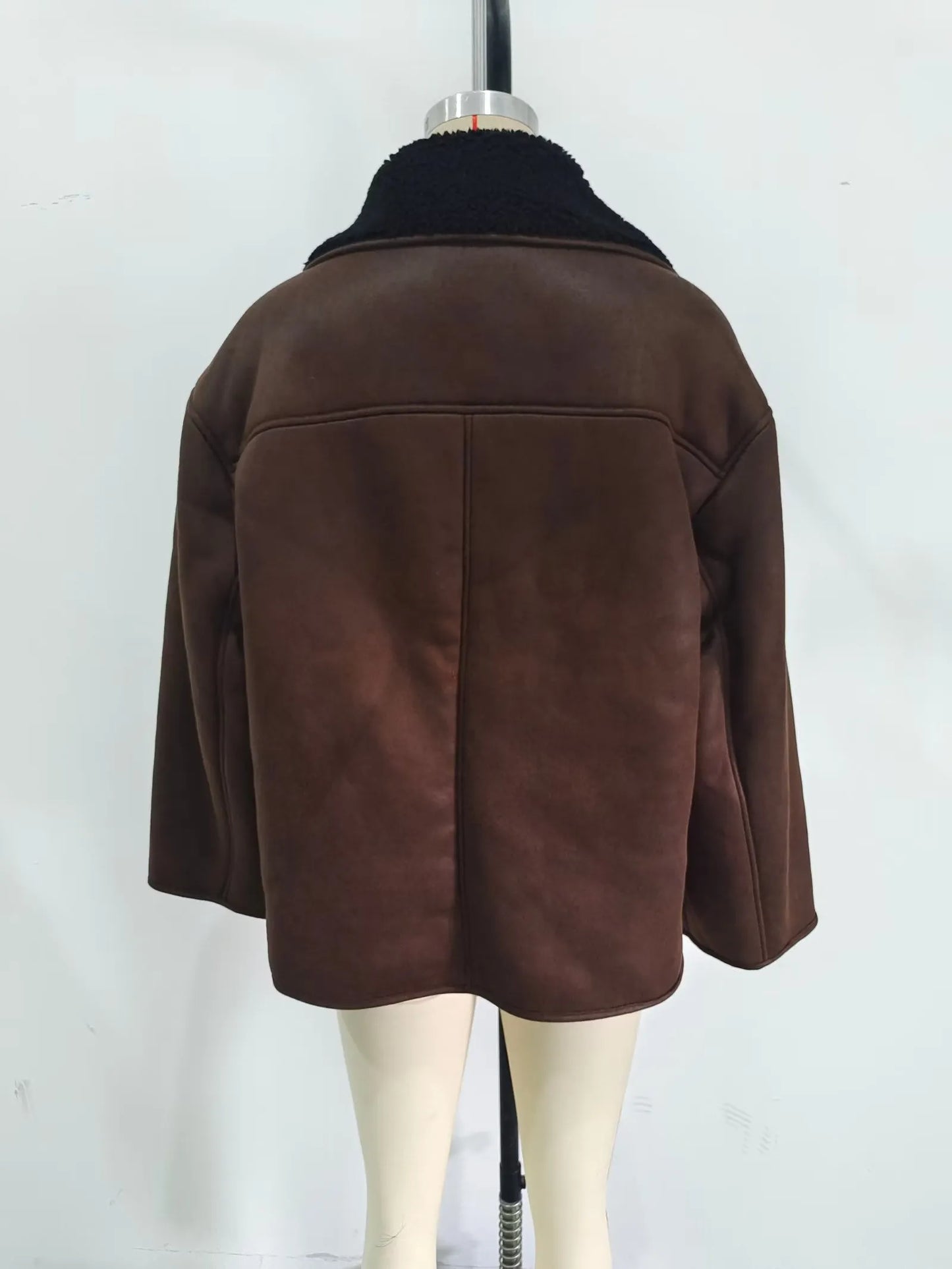 Brown Faux Leather Charming Black Lining Fur Jacket