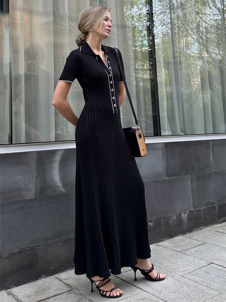 Knit Short Sleeve Charming Collar Maxi Dress