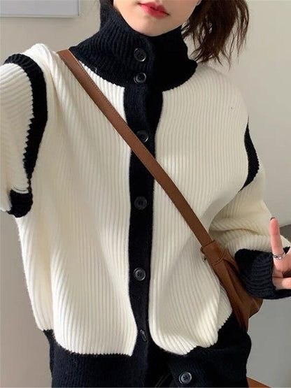 Contrast Turtleneck Stylish Buttoned Cardigan