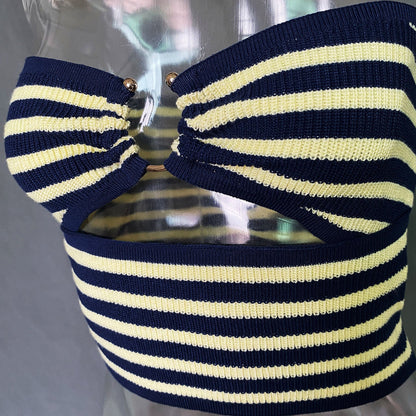 Knit Striped Stylish O-ring Crop Top