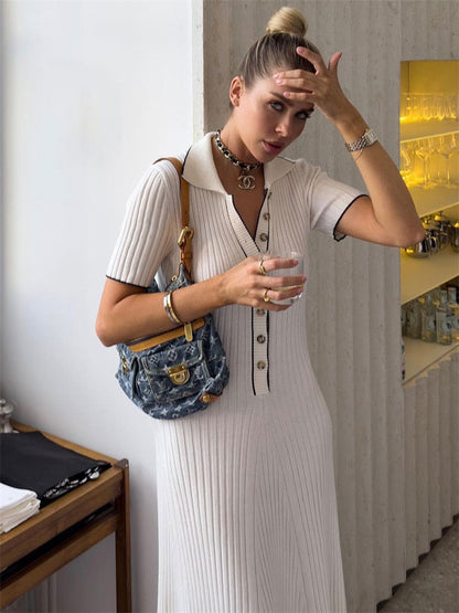 Knit Short Sleeve Charming Collar Maxi Dress