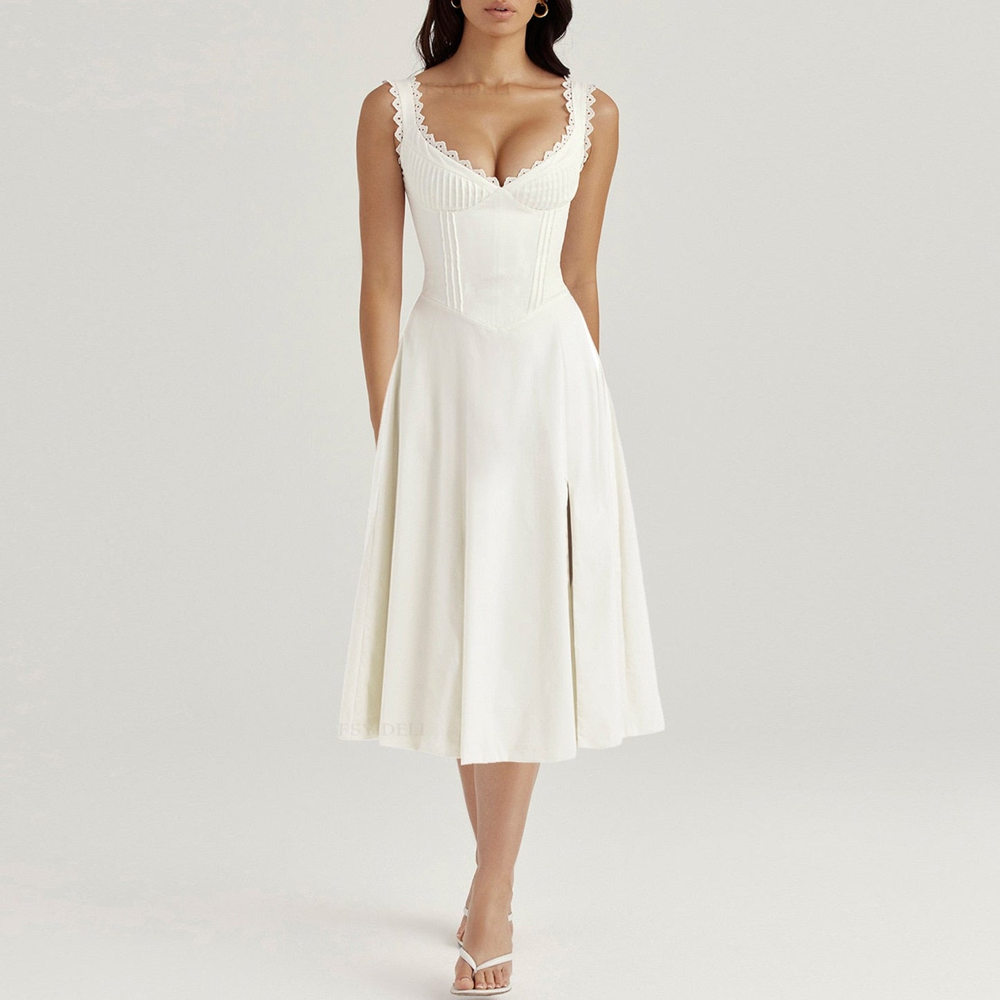 V-neck Doily Trim Frill Midi Dress - Free From Label